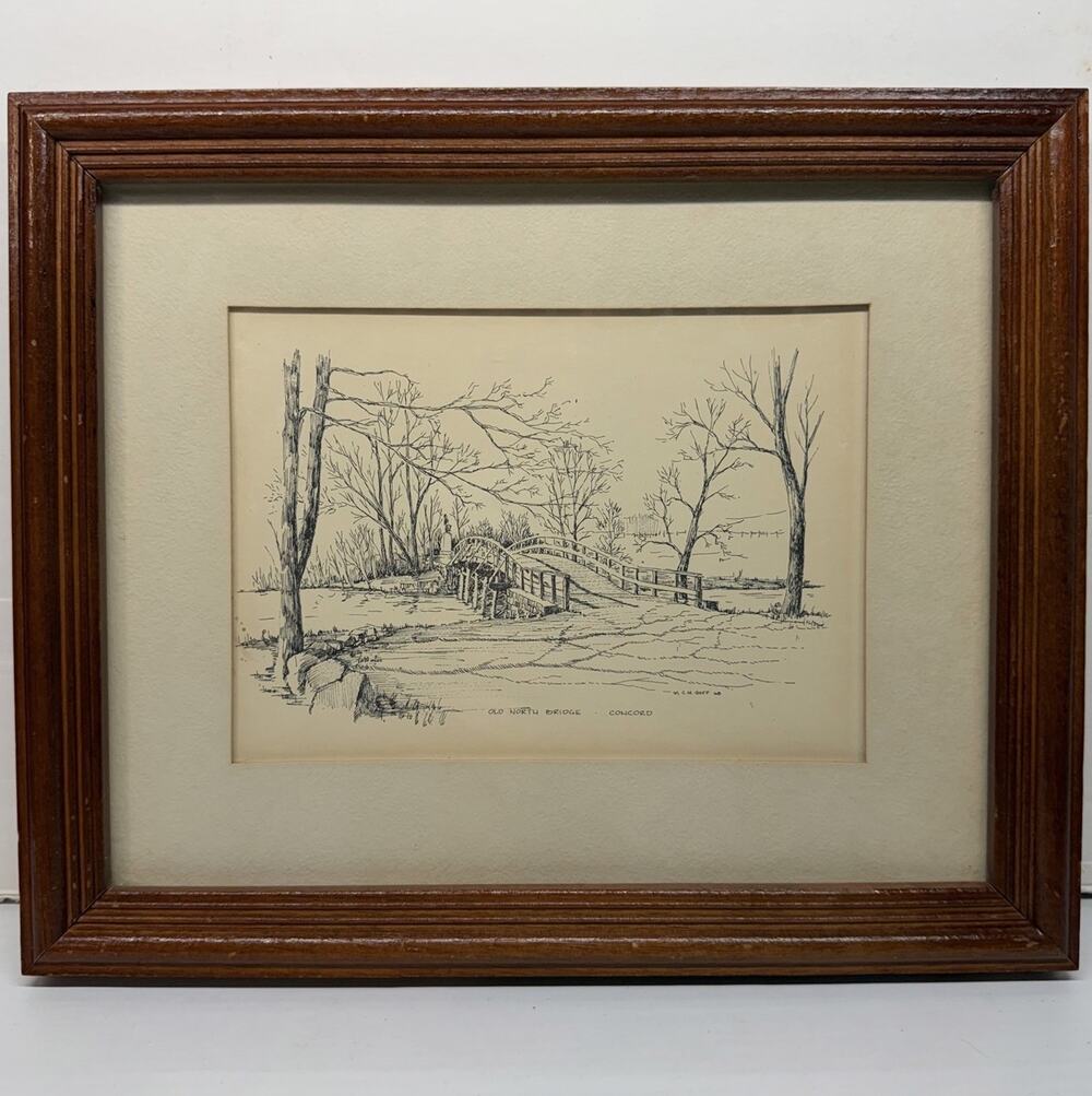 Old North Bridge Concord MA by C M Goff Signed Framed Pen Ink Print Vintage 1968